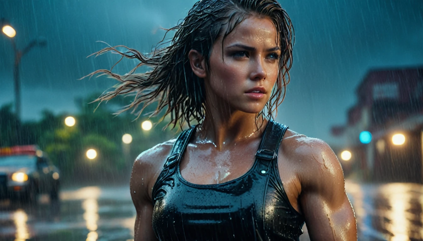 realist:1.3,( fotorrealist, 8k, RAW Photos, Premium quality, masterpiece, epic lighting. close up, Centered image), (foreground),((1 cute girl self-confident well-formed muscles, flexing bicep pose, muscular, post apocalyptic, guerrero, Perfectly detailed face and body, (foreground), rainy scene, poor lighting due to rain,(( face and body wet from the rain:1.5)),lightning lighting, dynamic pose, beautiful and detailed hair, Leather Clothes)), ((Imaginative scene)),((perfect, meticulously detailed.:1.3)), ((full shot: 1.4)), ((best quality )), ((masterpiece)), 3D, (hyper detailed: 1.3), ((Epic Scenery: 1.3)), ((night background: 1.3 ))), (((night:1.2))), ( Photorealistic: 1.4), ((Front camera)),( (Low-light night cinematic lighting: 1.2)). 32, (big biceps)