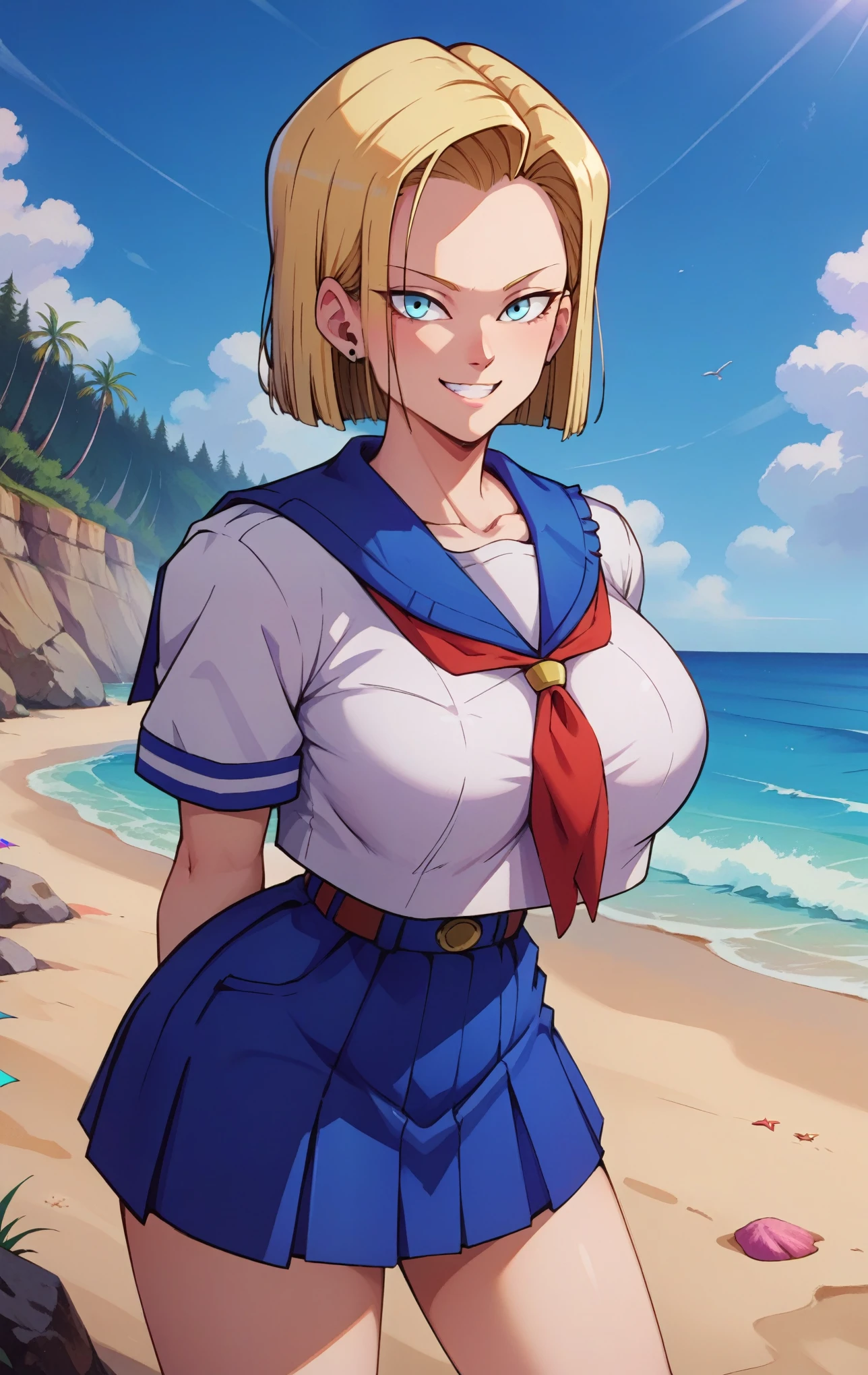 score_9, score_8_up, score_7_up, score_9,  BREAK  Android 18, 1girl, solo, breasts, looking at viewer, smile, short hair, bangs, skirt, shirt, , blue eyes, white shirt, black hair, short sleeves, pleated skirt, serafuku, blunt bangs, sailor collar, huge breasts, super thin waist, neckerchief, ocean, beach, arms behind back, bob cut, red neckerchief, alternate breast size, bursting breasts, bra visible through clothes, hyuuga hinata