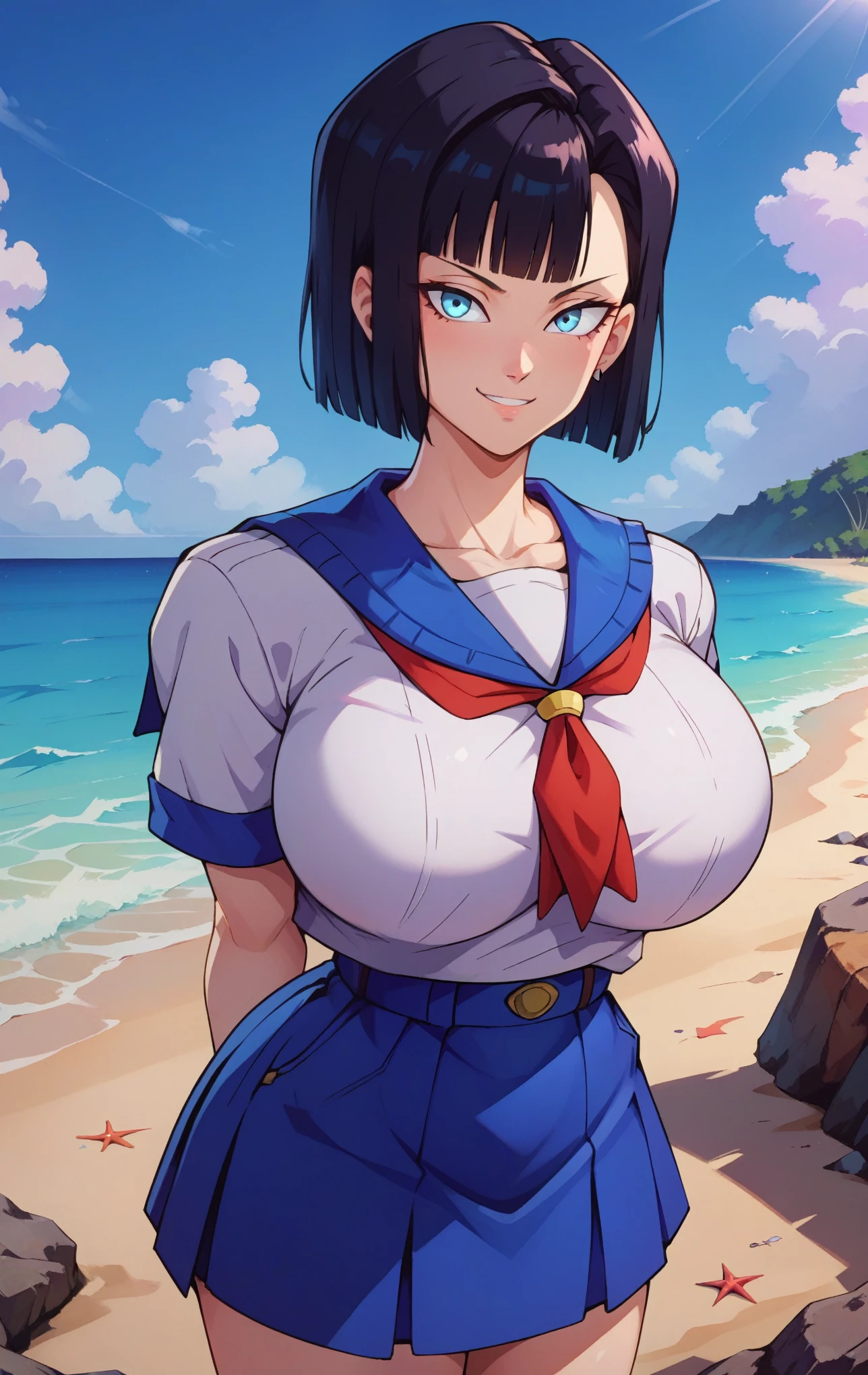 score_9, score_8_up, score_7_up, score_9, BREAK Android 18, 1girl, solo, breasts, looking at viewer, smile, short hair, bangs, skirt, shirt, , blue eyes, white shirt, black hair, short sleeves, pleated skirt, serafuku, blunt bangs, sailor collar, huge breasts, super thin waist, neckerchief, ocean, beach, arms behind back, bob cut, red neckerchief, alternate breast size, bursting breasts, bra visible through clothes, hyuuga hinata