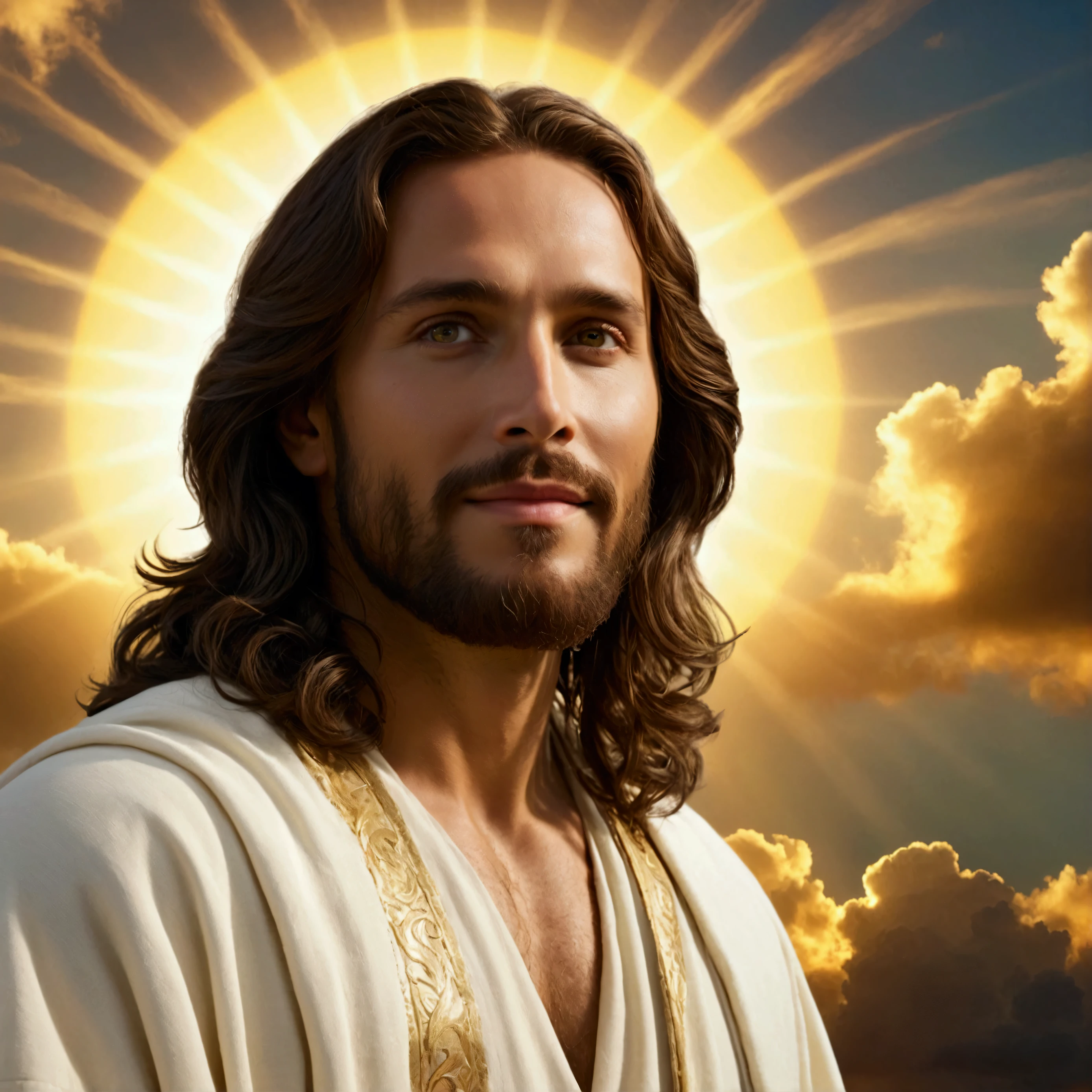 A captivating photograph of Jesus in the clouds, in cinematic style, Jesus standing in the clouds looks at us with a smile, with long, wavy hair and beard, exudes a divine aura, a soft, intense light that seems to emanate from your entire being, outlining your silhouette. a cosmic and divine environment surrounded by glowing clouds. The Divine Light, with shades of white and gold illuminate the scene, on their faces an expression of serenity and joy. panoramic view, creating a halo that softly illuminates the faces of Jesus and the man. the image is bathed in a soft, golden light, creating a dramatic and moving atmosphere., photographic, panoramic view, cinematic, details Intricate, perfects eyes, perfect skin, face perfect, 4K photorealista, PICTURE REALISTIC, dynamic lighting, 超detailded, ultra-realistic and realistic textures, panoramic view.