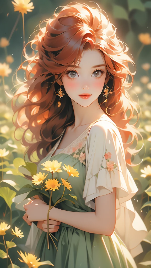 a beautiful redhead woman holding a dandelion in her hand, 1girl, solo, flower, holding flower,Cheerful girl