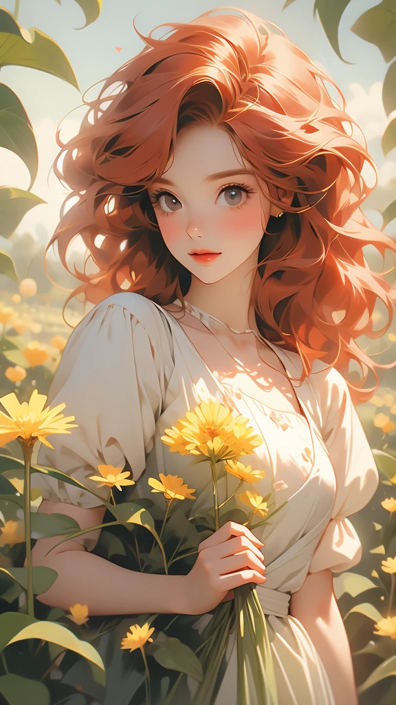 a beautiful redhead woman holding a dandelion in her hand, 1girl, solo, flower, holding flower,Cheerful girl
