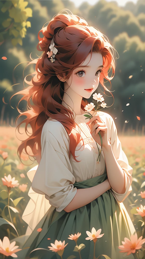 a woman with red hair in a field holding a small flower between two fingers, 1girl, solo, flower, holding flower,Cheerful girl