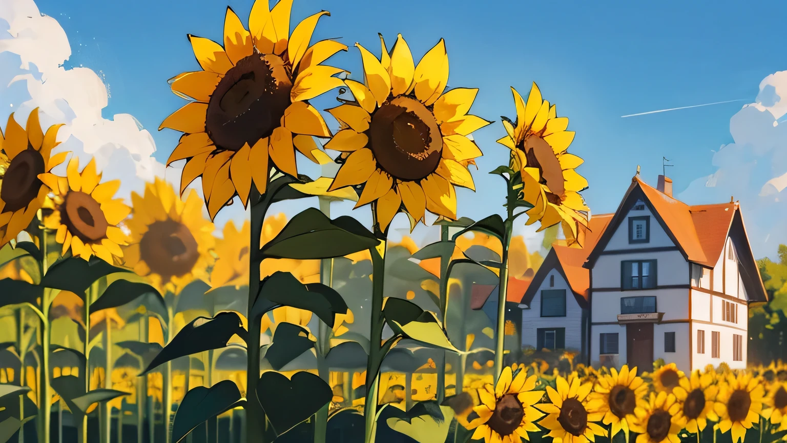 summer, blue sky, sunflower, house