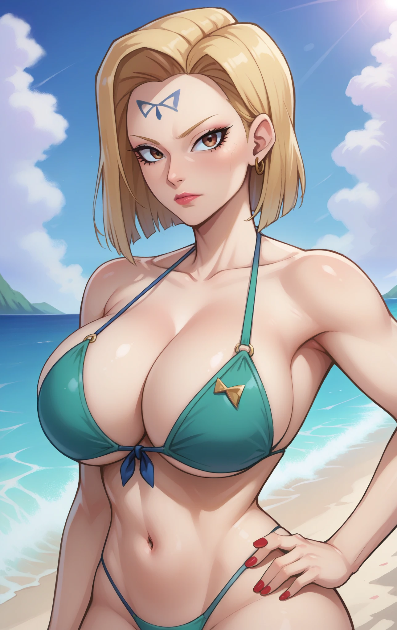 score_9, score_8_up, score_7_up, score_9, source_anime, BREAK   Android18SDXL, 1girl, solo, long hair, breasts, looking at viewer, blonde hair, navel, cleavage, brown eyes, collarbone, swimsuit, bikini, outdoors, sky, day, cloud, nail polish, huge breasts, super thin waist, blue sky, hand on hip, makeup, ocean, facial mark, beach, lipstick, front-tie top, red nails, mature female, forehead mark, green bikini, Android 18