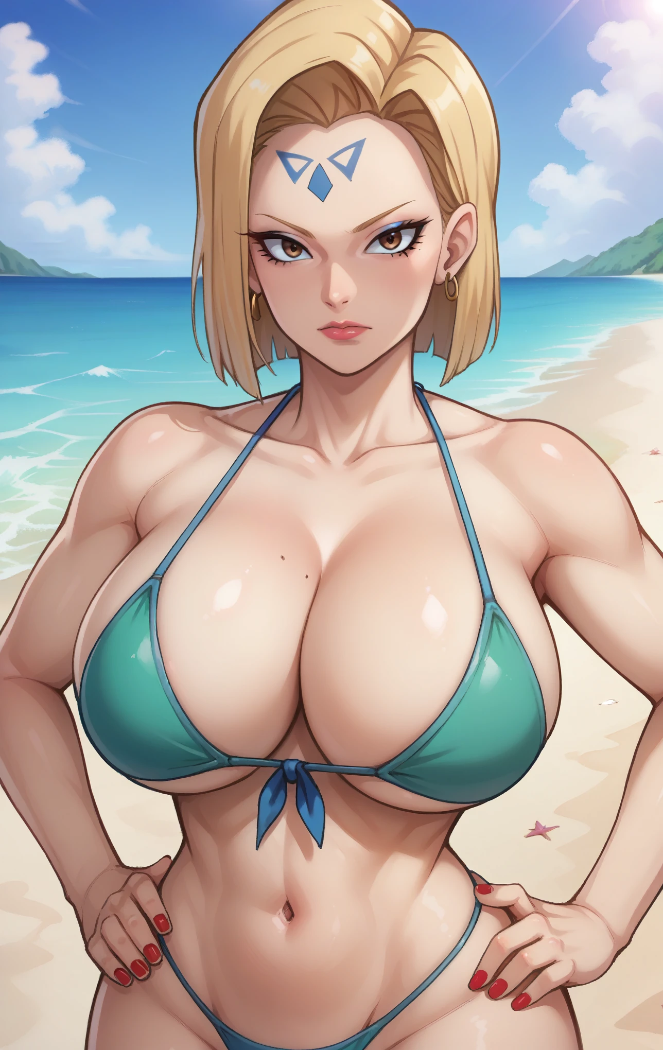 score_9, score_8_up, score_7_up, score_9, source_anime, BREAK   Android18SDXL, 1girl, solo, long hair, breasts, looking at viewer, blonde hair, navel, cleavage, brown eyes, collarbone, swimsuit, bikini, outdoors, sky, day, cloud, nail polish, huge breasts, super thin waist, blue sky, hand on hip, makeup, ocean, facial mark, beach, lipstick, front-tie top, red nails, mature female, forehead mark, green bikini, Android 18