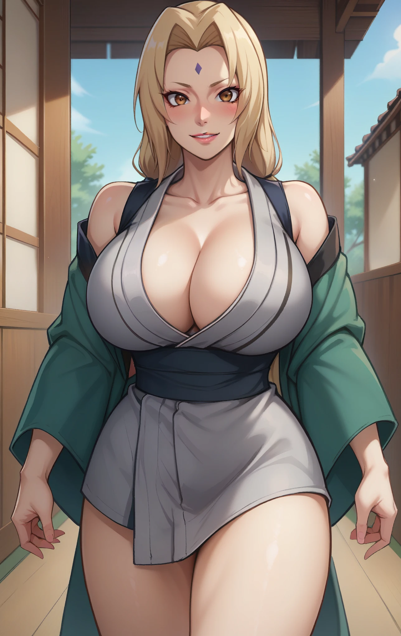 score_9, score_8_up, score_7_up, score_9, source_anime, BREAK   TsunadeSDXL, 1girl, NSFW, solo, long hair, breasts, looking at viewer, blush, smile, bangs, blonde hair, long sleeves, cleavage, bare shoulders, brown eyes, standing, collarbone, thighs, parted lips, japanese clothes, no pants, tight kimono, off shoulder, huge breasts, super thin waist, parted bangs, sash, facial mark, obi, curvy, mature female, forehead mark, grey kimono, tsunade (naruto)