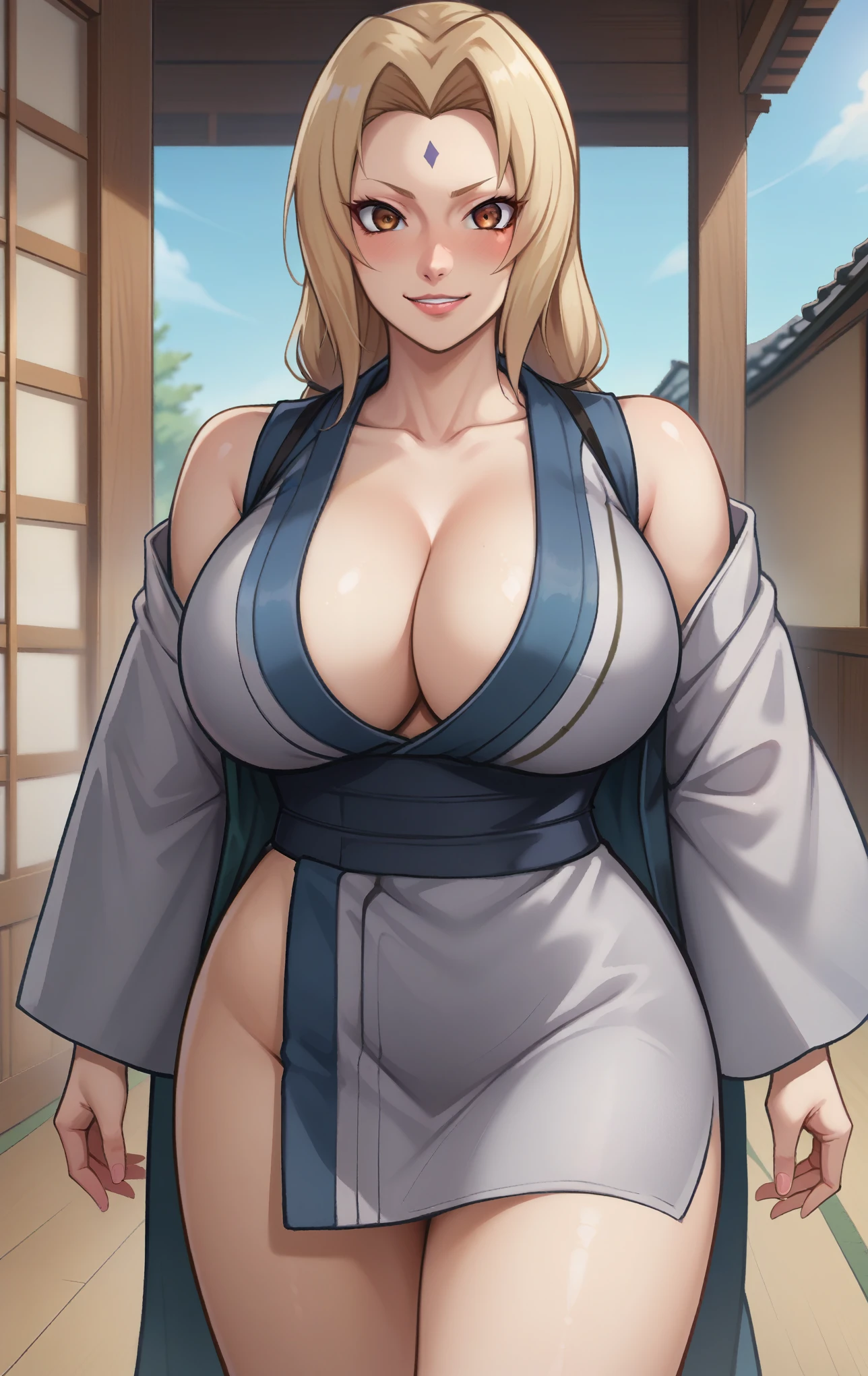 score_9, score_8_up, score_7_up, score_9, source_anime, BREAK   TsunadeSDXL, 1girl, NSFW, solo, long hair, breasts, looking at viewer, blush, smile, bangs, blonde hair, long sleeves, cleavage, bare shoulders, brown eyes, standing, collarbone, thighs, parted lips, japanese clothes, no pants, tight kimono, off shoulder, huge breasts, super thin waist, parted bangs, sash, facial mark, obi, curvy, mature female, forehead mark, grey kimono, tsunade (naruto)