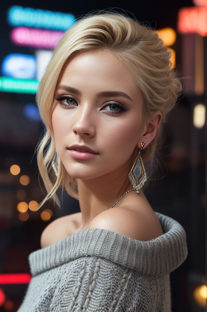 ((Selfie:1.1)), (raw:1.1) photo of (blonde Maj1j3j01-1200:0.99), a woman as a model, modelshoot style, (extremely detailed CG unity 8k wallpaper), photo of the most beautiful artwork in the world, professional majestic oil painting by Ed Blinkey, Atey Ghailan, Studio Ghibli, by Jeremy Mann, Greg Manchess, Antonio Moro, trending on ArtStation, trending on CGSociety, Intricate, High Detail, Sharp focus, dramatic, photorealistic painting art by midjourney and greg rutkowski, (at night:1.2), (dimly lit), (neon lights:1.2), (carnival:1.1), (makeup:1.1), ((roller-coaster in background)), ((off the shoulder sweater:1.2)), (looking at viewer:1.3), (detailed pupils:1.3), (modern outfit:1.2), (club makeup:1.2), (close up:1.3), (earrings).