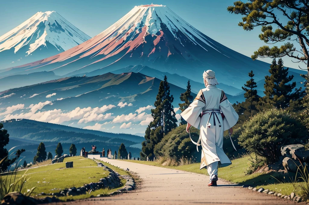 A white snake strolls gracefully, turns around and smileount Fuji is seen in the distance
