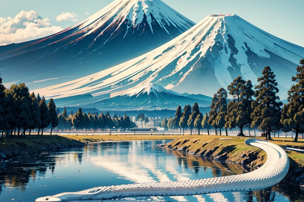 A white snake strolls gracefully, turns around and smileount Fuji is seen in the distance