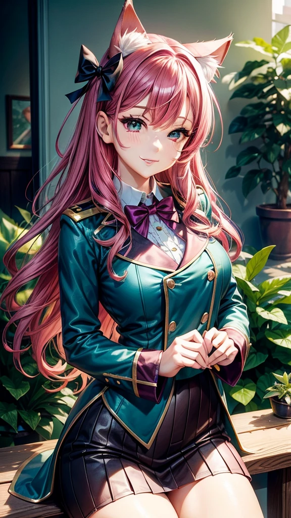 Magenta hair, hazel eyes, older woman, hair bows, cat ears, long hair, smiling face, sexy uniform outfit, teal and gold clothes, succulent plants background