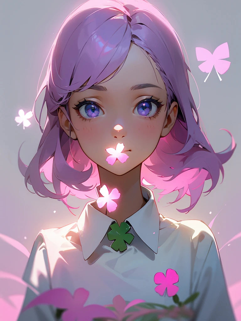 Create a four-leaf clover image, with a light see around and the background of the image is pink with lilac, there is brightness in the image