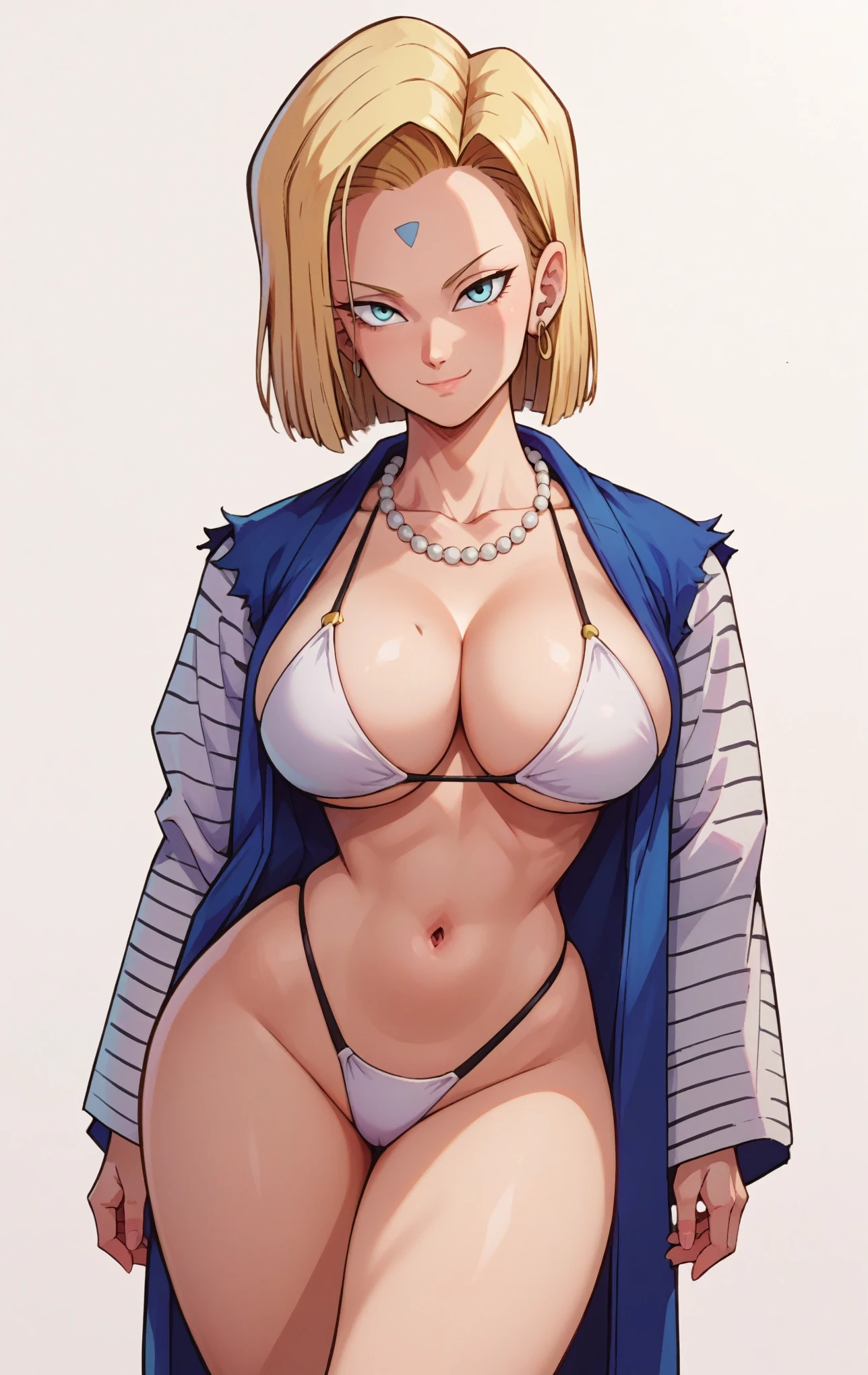 score_9, score_8_up, score_7_up, score_9, source_anime, BREAK   Android18SDXL, 1girl, solo, long hair, breasts, looking at viewer, smile, bangs, blonde hair, large breasts, simple background, white background, navel, cleavage, bare shoulders, brown eyes, jewelry, closed mouth, standing, collarbone, swimsuit, bikini, thighs, super thin waist, japanese clothes, open clothes, kimono, necklace, stomach, huge breasts, highleg, white bikini, facial mark, thick thighs, curvy, robe, mature female, forehead mark, highleg bikini, open kimono, Android 18