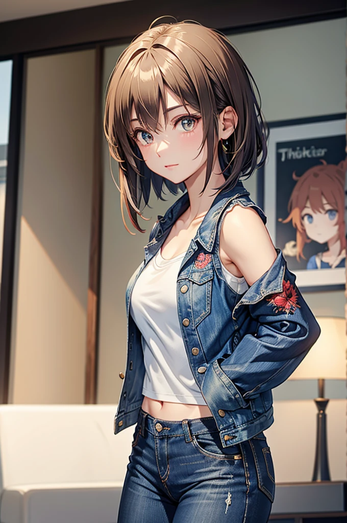 A beautiful girl wearing an embroidered short shirt. With a denim jacket and short cut skinny jeans .Clear, high-quality image