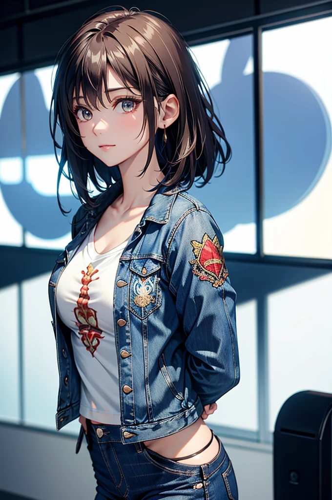 A beautiful girl wearing an embroidered short shirt. With a denim jacket and short cut skinny jeans .Clear, high-quality image