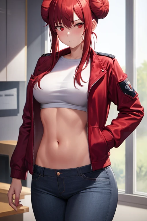 A downer-type female college student, red hair with two buns, red eyes, a white shirt that shows her belly button, a red jacket that looks like it's for spring, a yellow tie, jeans and shorts, black socks that reach her calves, and black boots.