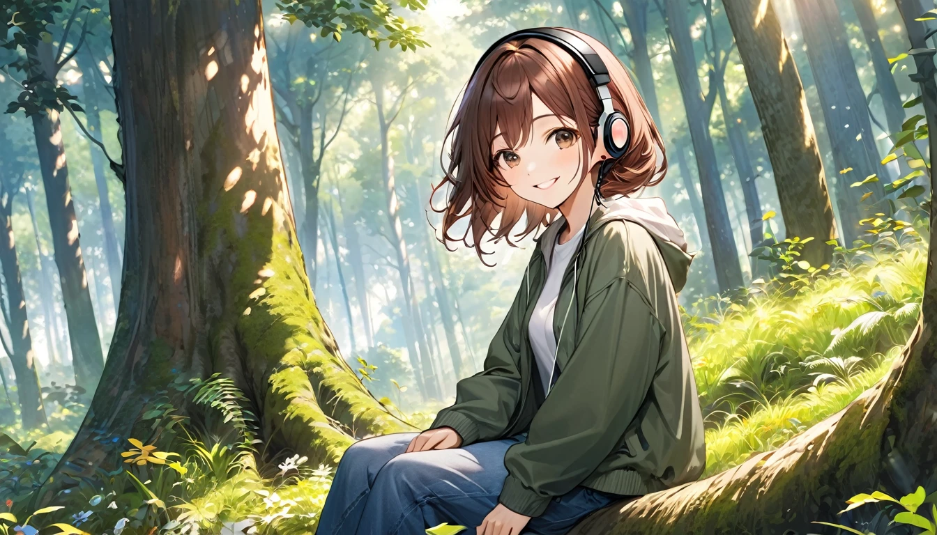 Brown-haired girl wearing headphoneorning in the Forest - Very detailed、masterpiece, Highest quality, Bright - A morning in the woods、Smiling face、Casual clothing、sitting under the tree