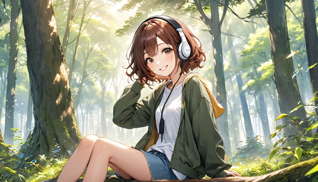 Brown-haired girl wearing headphoneorning in the Forest - Very detailed、masterpiece, Highest quality, Bright - A morning in the woods、Smiling face、Casual clothing、sitting under the tree
