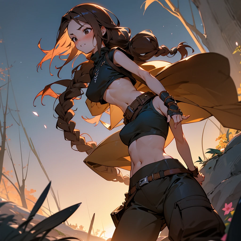 1female, sexy, young teen, finely detailed black eyes, wild long hair, braided hair, brown color hair, adventurer gear, crop top sweater, baggy combat pants, night time, dark forest, excited expression, flowers, blushing, standing on path, lanturns