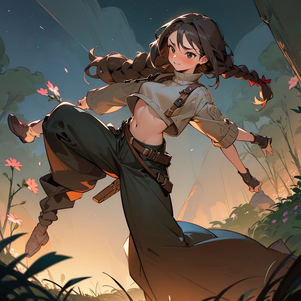 1female, sexy, young teen, finely detailed black eyes, wild long hair, braided hair, brown color hair, adventurer gear, crop top sweater, baggy combat pants, night time, dark forest, excited expression, flowers, blushing, standing on path, lanturns