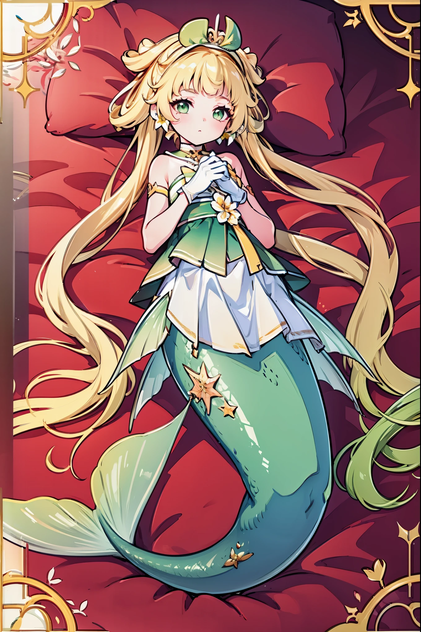 masterpiece, best quality,A girl,verinadef, blonde hair, hair ornament, very long hair, hair flower,sleeveless dress, green dress,band,gloves,bare shoulders, sleeveless, white gloves,Mermaid,金色的Mermaid尾巴,full-body shot,Lying in bed,Looking at the audience,