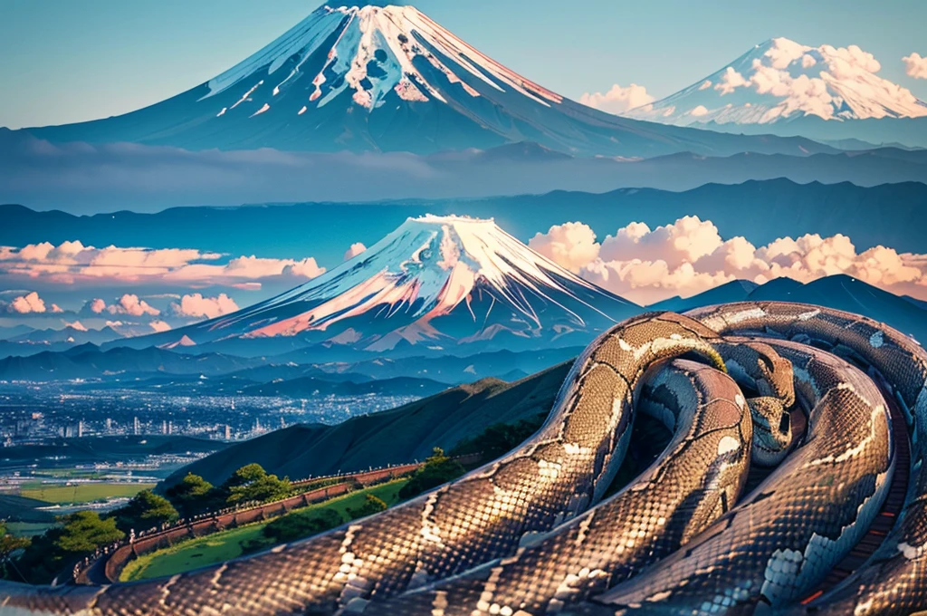 A snake coiled gracefully and smiling。Mount Fuji is seen in the distance