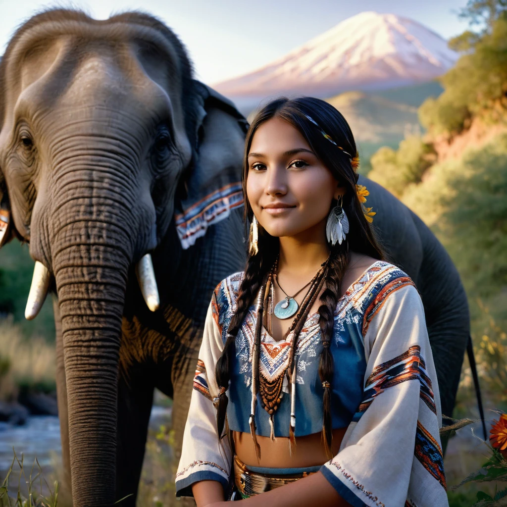 (grainy:0.5), cinematic, beautiful girl 25 year old,native american,fantasy,(solo:1.3), detailed brown eyes, detailed face, detailed native American sexy clothing , volumetric lighting, dusk, extremely detailed background, standing next to trees, mountains, flowers, water fall, smiling, half closed eyes, tilted head, from side, sitting next to her elephant