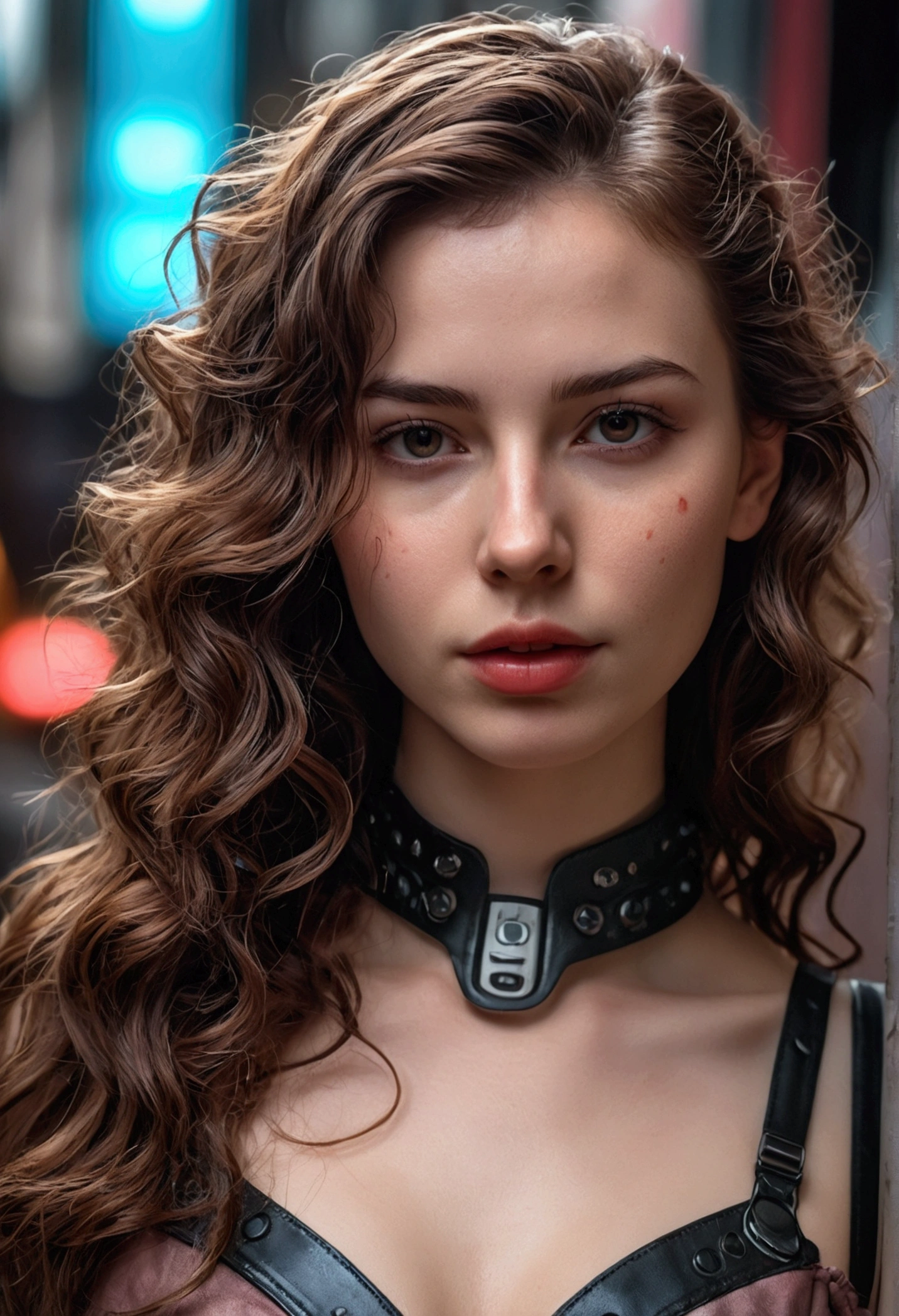 foto de retrato de rostro completo de una chica europea de 25 años, raw, beautiful woman, strawberry semi-open lips, dimples, melancholic look, (extra long wavy brown hair), ((detailed face)), ((detailed facial features)), (finely detailed skin), Pale skin, (deep neckline detailed high-tech cyberpunk dress), cyberpunk megacity environment, (cold colors), Wet, Wet, reflections, (masterpiece) (perfect proportion)(realistic photo)(Best Quality) (detailed) filmed with a Canon EOS R5, 50mm lens, f/2.8, HdR, (8k) (Wallpaper) (cinematic lighting) (dramatic lighting) (sharp focus) (Intricate), raw photo, raw photo, photo by gigachad, posing for the camera, jeans negros, rear arms, 8k uhd, DSLR, high quality, grain film, fujifilm XT3