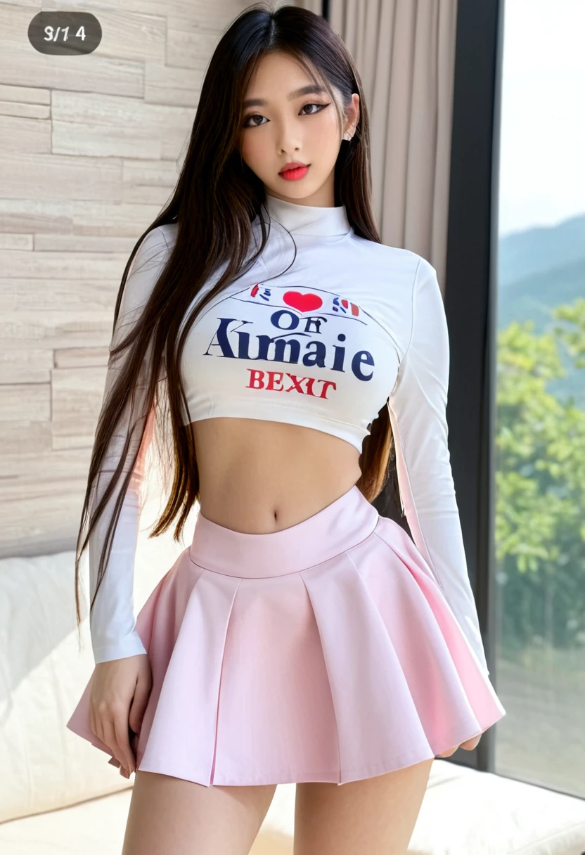 (((high quality:1.2))), Work of art, (8k), extremely detailed, ((High detail:1.2)) ((best resolution)), (HotLexi woman), Solo, ((24 years old Korean Ulzzang female)), (crop top, micro-skirt),