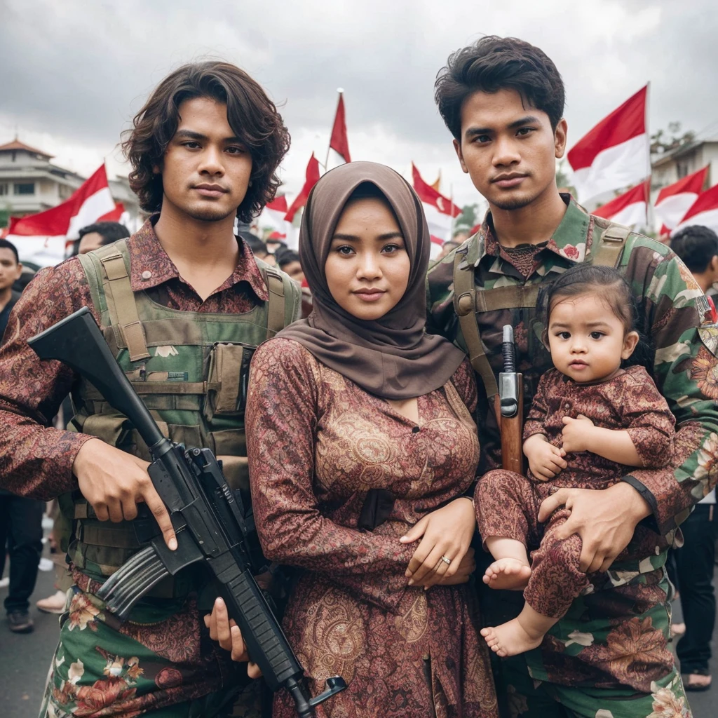 A family celebrating Indonesian Independence Day consisting of 4 people. A handsome 30-year-old Indonesian man with layered hair holding a toy weapon, a curvy and beautiful woman wearing a hijab while carrying a baby girl, next to the man is a curly-haired young man. They all wear traditional Indonesian fighter clothing from the past. They are celebrating the 17th of August, 1945. The background features a festival with many people and Indonesian flags.