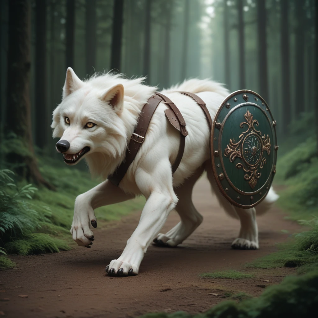 sequence of images of a giant white wolf in a dark forest running and transforming into a light-skinned human, a Celtic warrior, shield and nespada, full body, full HD 16k