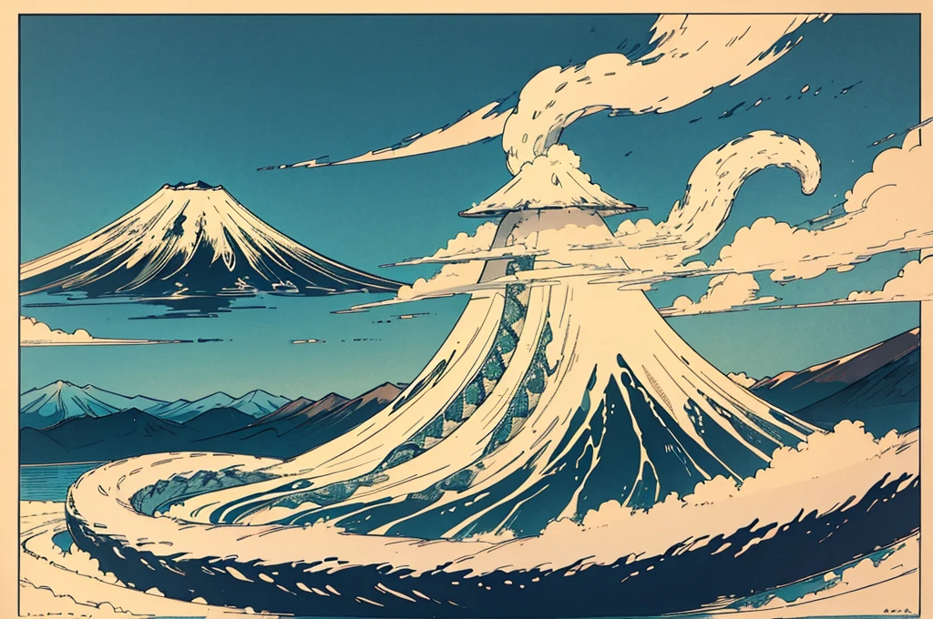 A snake coiled gracefully and smiling。A fantastic illustration of Mount Fuji in the distance