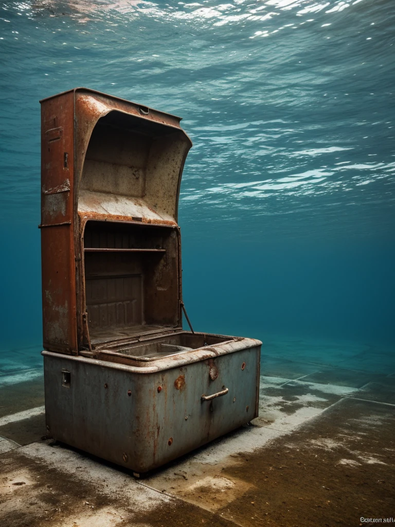 Sunken deep underwater retro old fashioned rusty refrigerator made in 1960s is on the bottom of the ocean. Water leaking out of the cracks and open holes..., hyperrealistic, 1960s, closed up, underwater. Underwater life, rust on it