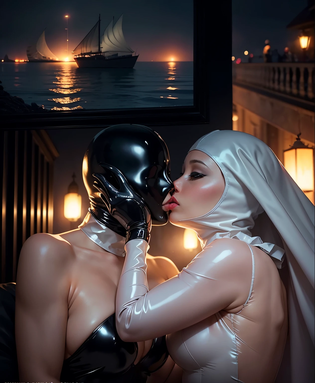 Full face latex mask, Kissing,latex hood,latex masks,  couple, romantic, nighttime, soft lighting, passion, intimate connection, tender embrace, close-up of lips, gentle caress, loving touch, bride white latex dress, full face masks , covered masked faces , carnival, gloves, 