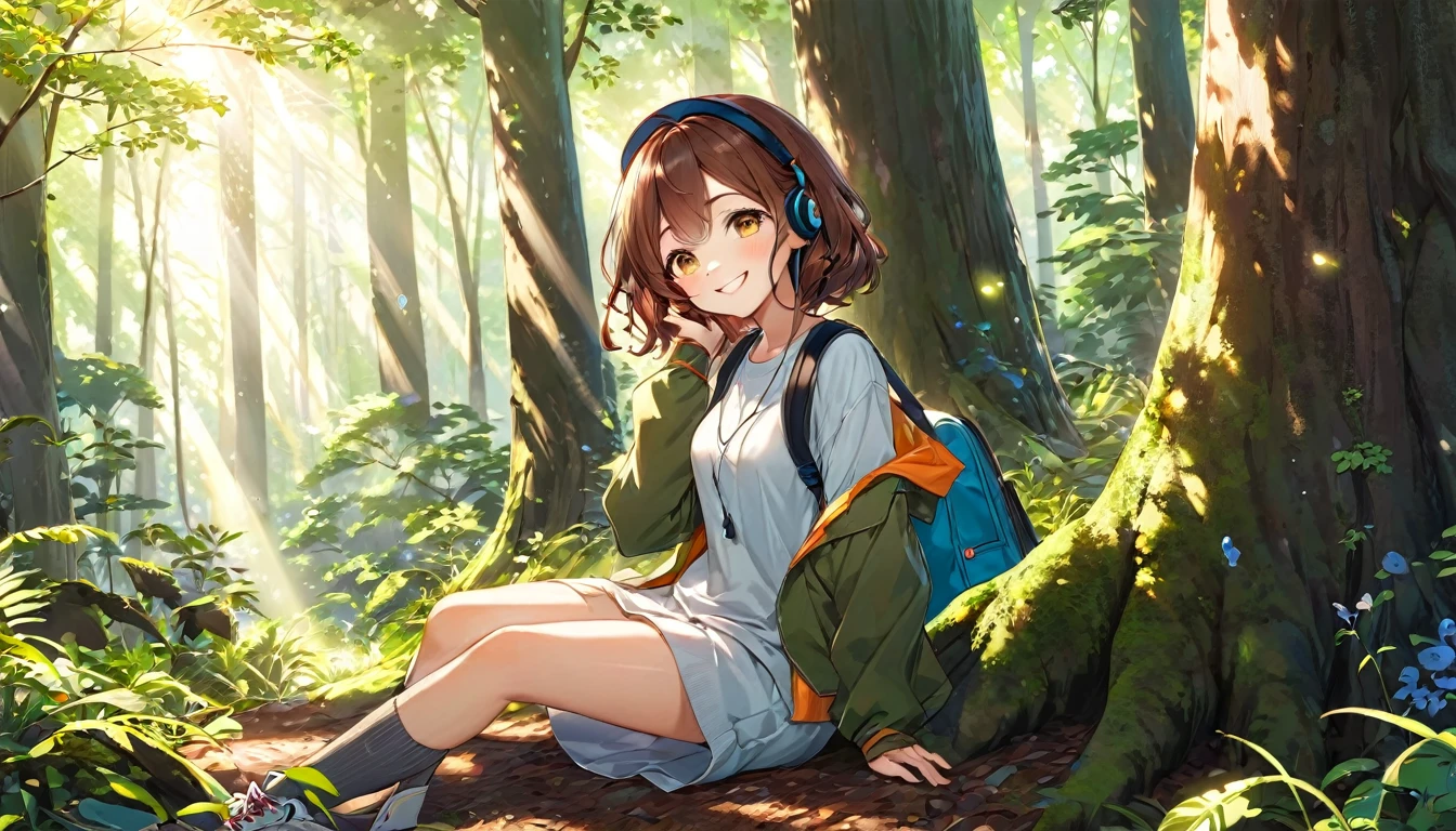 Brown-haired girl wearing headphoneorning in the Forest - Very detailed、masterpiece, Highest quality, Bright - A morning in the woods、Smiling face、Casual clothing、sitting under the tree