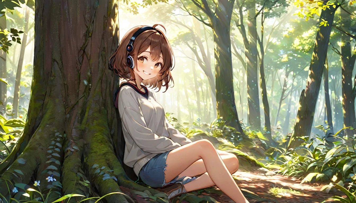 Brown-haired girl wearing headphoneorning in the Forest - Very detailed、masterpiece, Highest quality, Bright - A morning in the woods、Smiling face、Casual clothing、sitting under the tree