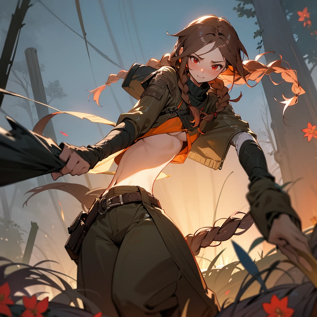 1female, sexy, young teen, finely detailed red eyes, wild long hair, braided hair, brown color hair, adventurer gear, crop top sweater, baggy combat pants, night time, dark forest, excited expression, flowers, blushing, standing on path, lanturns