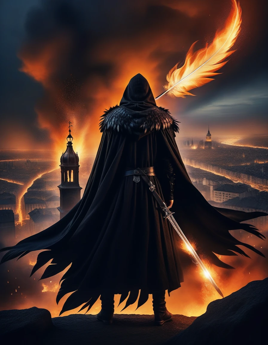 Hooded man with a long cape, with a long sword, wearing raven feather armor, Watching a city in flames, you can't see his face because of the hood, mysterious, fantasy, mysterious, elden ring artstyle