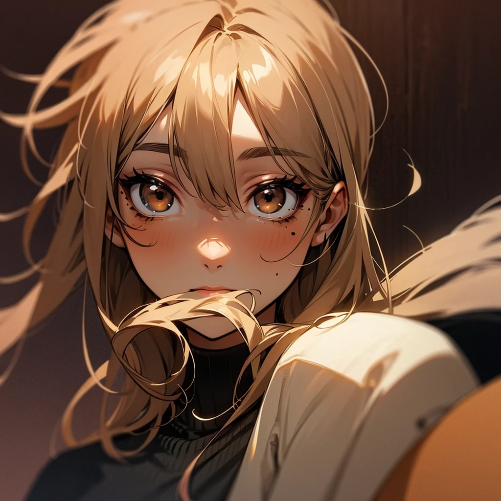 Kizi, light brown waist length hair, slightly tanned skin, brown dark eyes, long eyelashes, mole on the left side of the face, loose strands of hair over the face, wearing a black sweater.