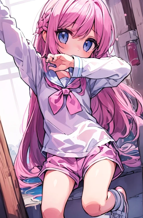 Beautiful illustrations, Highest quality, (:1.4)、(pretty girl:1.5)、 girl、Flat Chest、Sailor collar、(White long tunic:1.4)、Long sleeve sailor suit、Blue-line cuffs、(Pink Chino Shorts:1.7)、(Pink shorts with wide openings:1.6)、Gap between thigh and shorts、Thin thighs、White socks、 Cinema Lighting, (Pink long hair)、Pink Straight Hair、Redness on the cheeks、(Braiding of the back of the head)