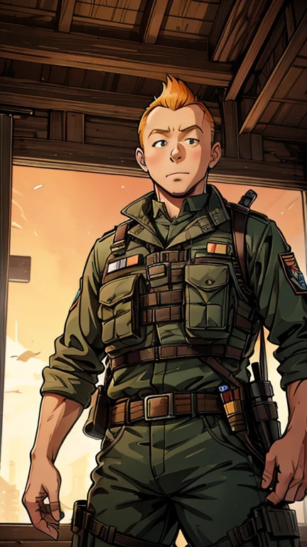 (Teens:1man: Tintin), (extremely detailed CG unit 8k wallpaper),(master part), (best quality), (ultra detali), (best illustration),(Army Gear), cowboy shot, (Sharp eyeliner, ombre, detailed eyes:1),Dark Police station interiors background, ,break , upper body, short hair, orange hair