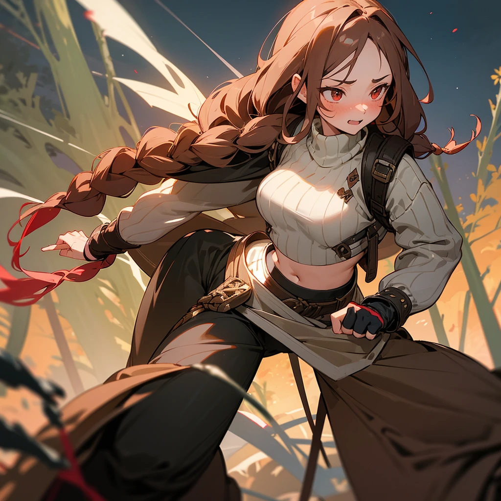1female, sexy, young teen, finely detailed red eyes, wild long hair, braided hair, brown color hair, adventurer gear, crop top sweater, baggy combat pants, night time, dark forest, excited expression, flowers, blushing, standing on path, lanturns