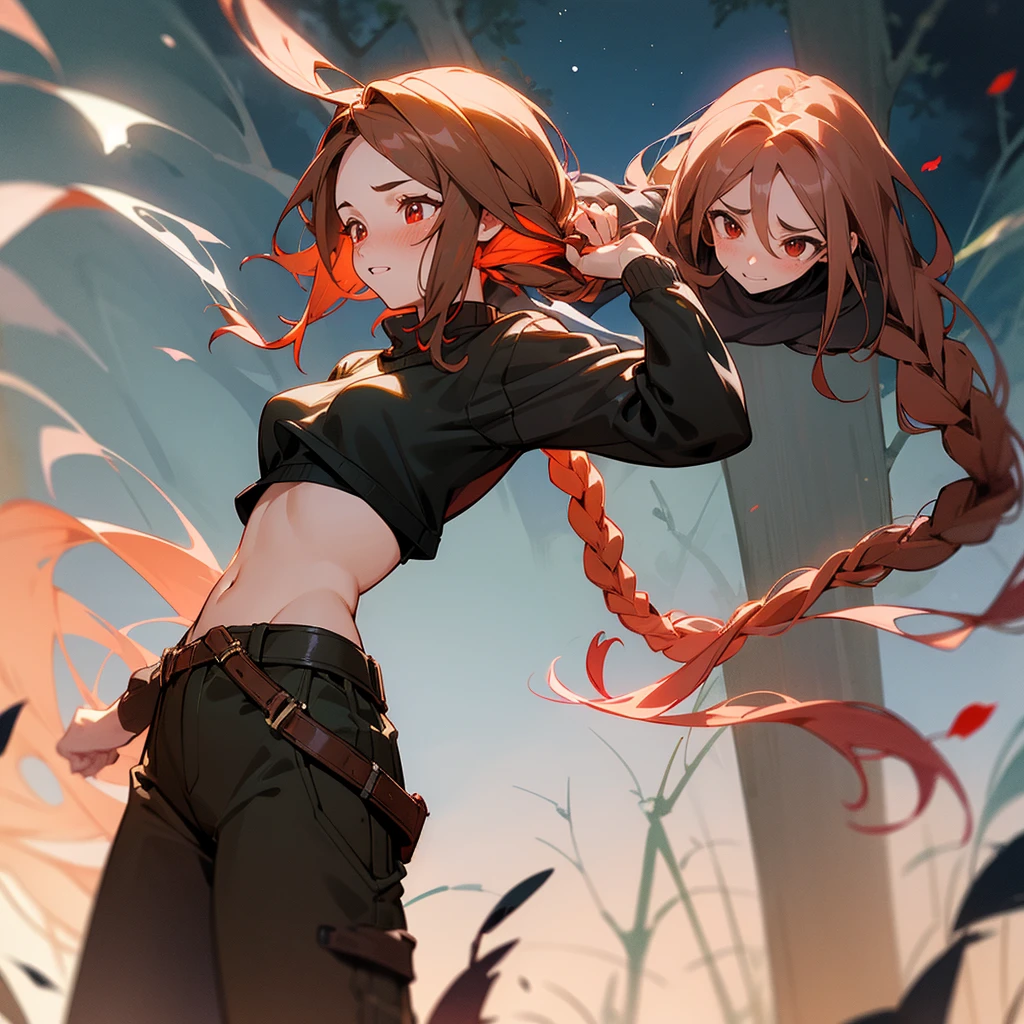 1female, sexy, young teen, finely detailed red eyes, wild long hair, braided hair, brown color hair, adventurer gear, crop top sweater, baggy combat pants, night time, dark forest, excited expression, flowers, blushing, standing on path, lanturns