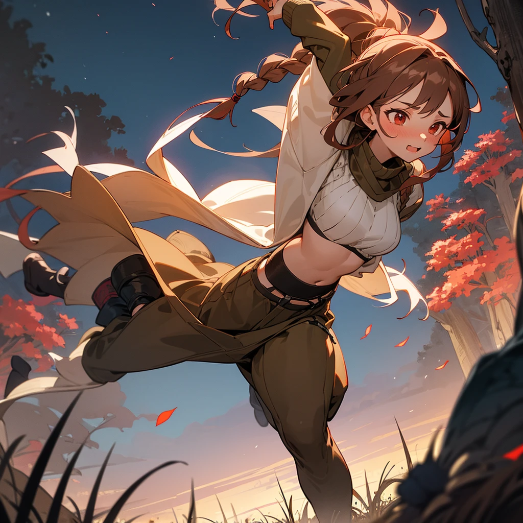 1female, sexy, young teen, finely detailed red eyes, wild long hair, braided hair, brown color hair, adventurer gear, crop top sweater, baggy combat pants, night time, dark forest, excited expression, flowers, blushing, standing on path, lanturns