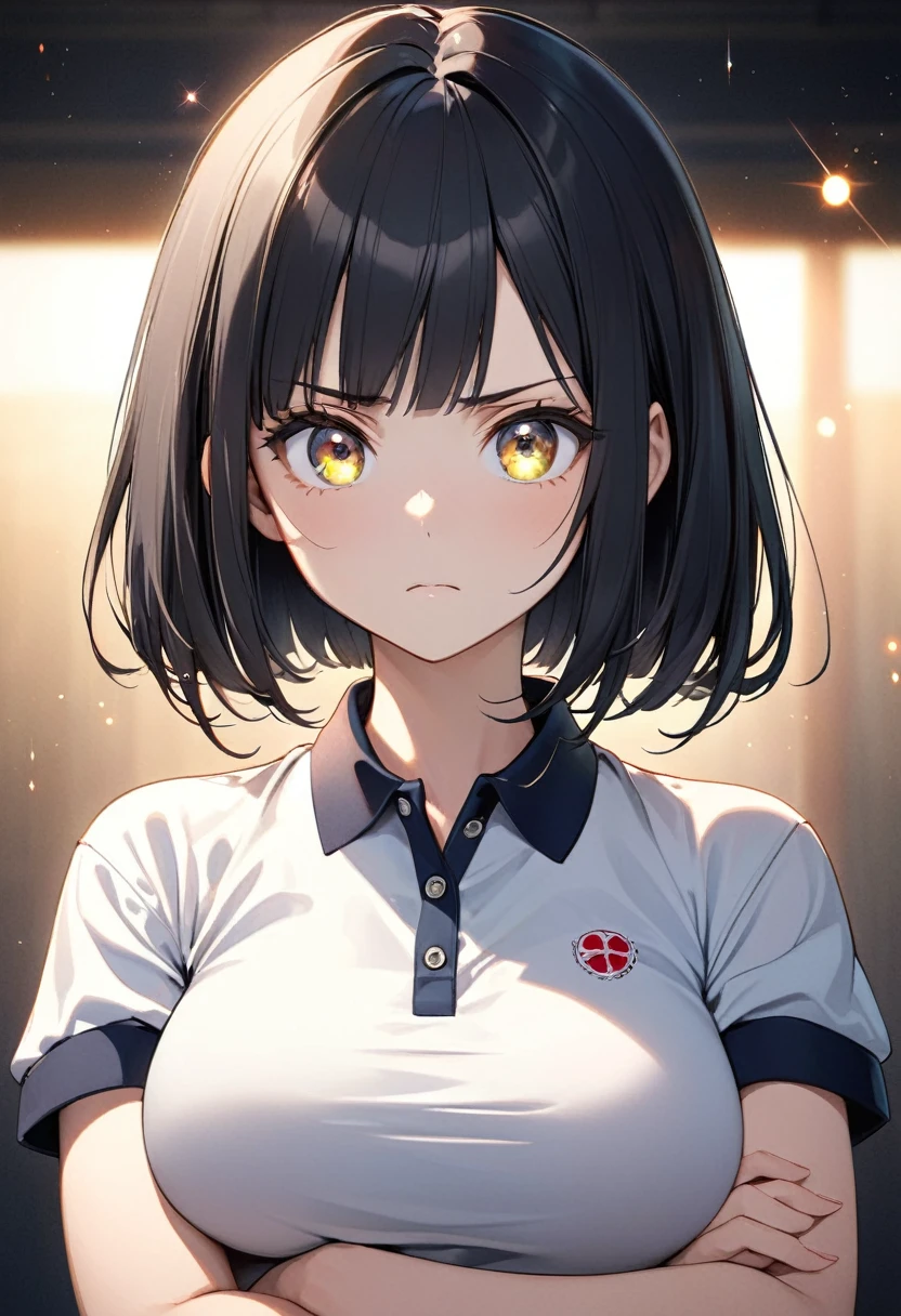 (Beautiful 16 year old Japan woman), Cute Face, Polo shirt, (Deeply chiseled face:0.7), (freckles:0.6), Soft Light,Healthy white skin, Bobcut, (Serious face), (Sparkling eyes), thin, Upper Body, Large Breasts, crossed arms, upper body shot