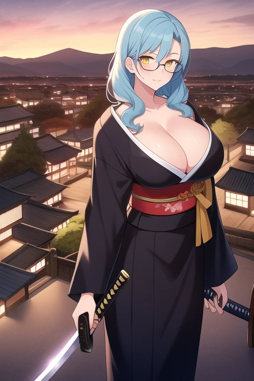 Glasses, old woman, light blue hair, yellow eyes,, night, big "Shihakusho black and white" shinigami, MILF, Wavy hair , Japan city background, cleavage, wielding the katana. ","relaxed hair" "City with old wooden houses in the background" "it was edo" big breasts.