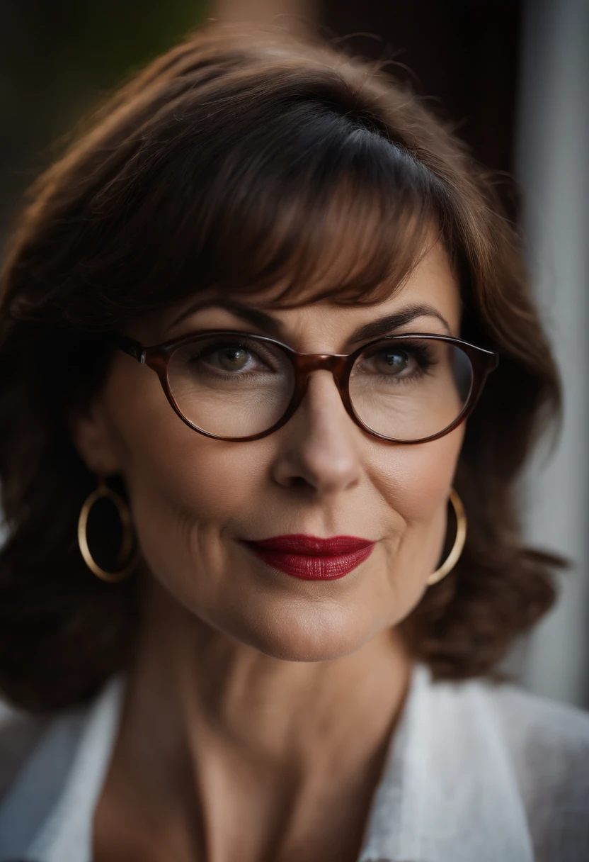 donna italiana di 45 anni, full lips done, she has short brown hair and wears travel glasses, occhi neri, viso attempato ma bello, grandi tette naturali, camicia bianca sbottonata per intravedere le tette, orecchini e collana