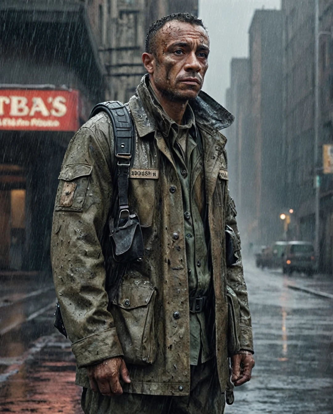 photorealism, hyperrealism, cinematic, A stunning street style portrait of a rugged post-apocalyptic, of Simon Willians as Magnun. braving the elements. using your uniform. military camouflage details with a worn texture, he stands against a desolate urban backdrop. Rain falls, creating a cinematic atmosphere as the drops hit the surface of the coat. Intricate details such as patched repairs and buckled straps accentuate the character's resilience and resourcefulness. The scene is captured in a high-contrast, emphasizing the interplay of light and shadow.@BarbudoRJ
