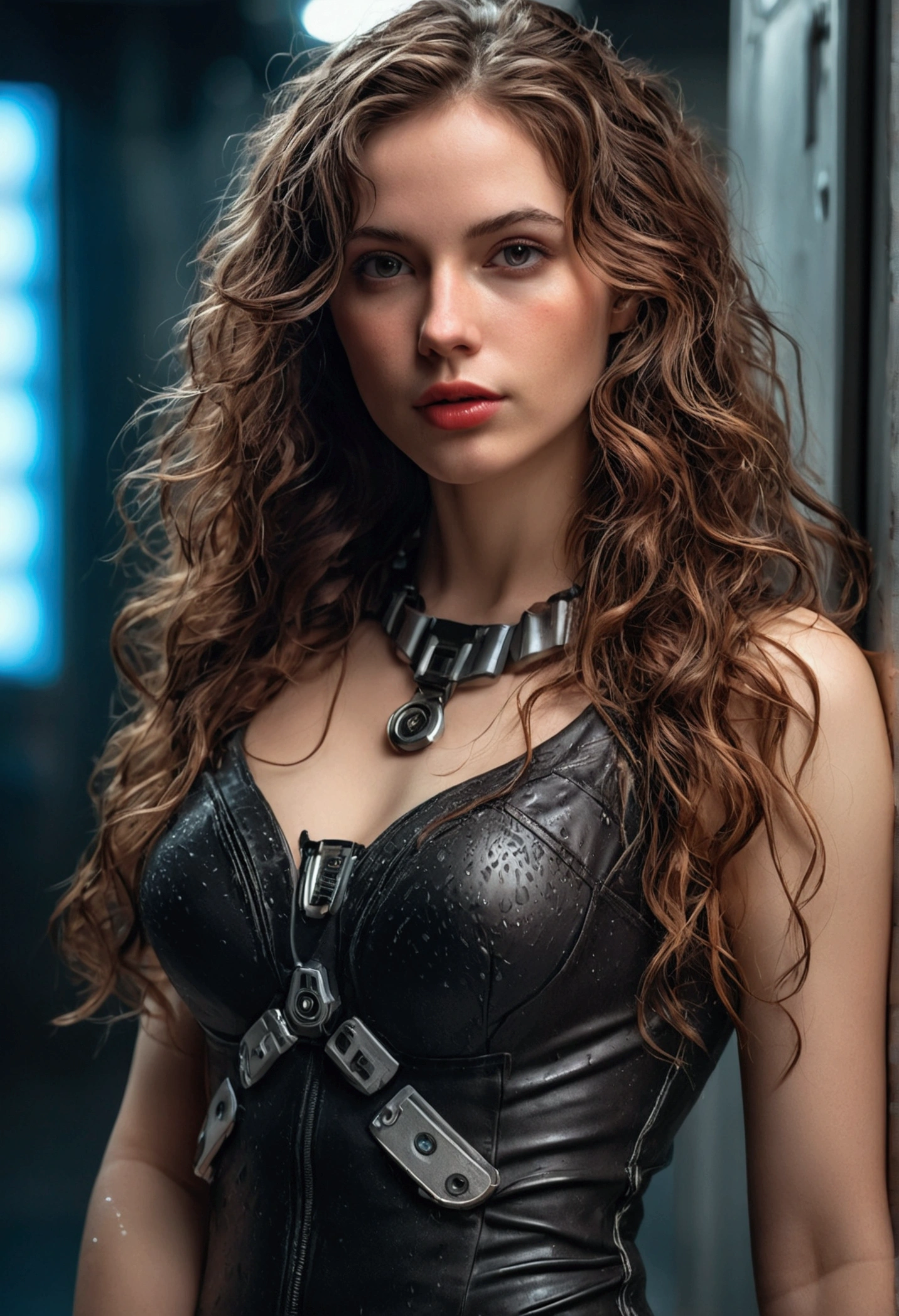 foto de retrato de rostro completo de una chica europea de 25 años, raw, beautiful woman, strawberry semi-open lips, dimples, melancholic look, (extra long wavy brown hair), ((detailed face)), ((detailed facial features)), (finely detailed skin), Pale skin, (deep neckline detailed high-tech cyberpunk dress), cyberpunk megacity environment, (cold colors), Wet, Wet, reflections, (masterpiece) (perfect proportion)(realistic photo)(Best Quality) (detailed) filmed with a Canon EOS R5, 50mm lens, f/2.8, HdR, (8k) (Wallpaper) (cinematic lighting) (dramatic lighting) (sharp focus) (Intricate), raw photo, raw photo, photo by gigachad, posing for the camera, jeans negros, rear arms, 8k uhd, DSLR, high quality, grain film, fujifilm XT3